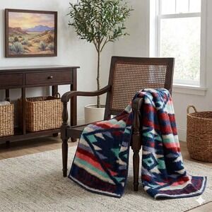 Vintage 90s Biederlack Southwestern Aztec Fleece Throw Blanket 57" x 75"